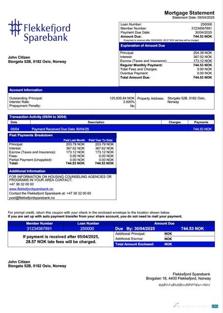 Download Norway Flekkefjord Sparebank mortgage statement Word and PDF template Photoshop template